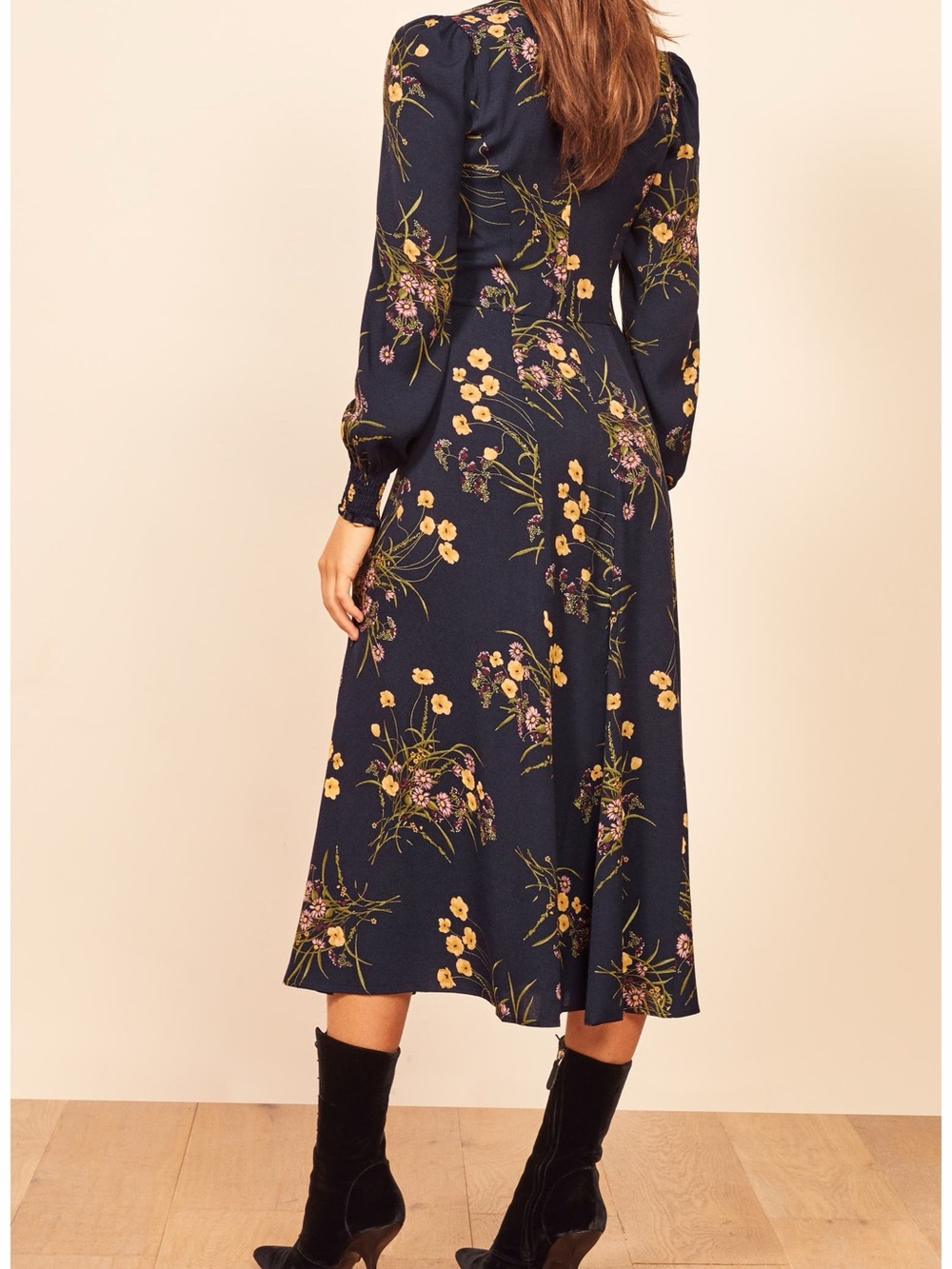REFORMATION Boho Wallflower Midi Dress Navy Long Sleeve Slit Sweetheart Size 0 - Picture 4 of 16